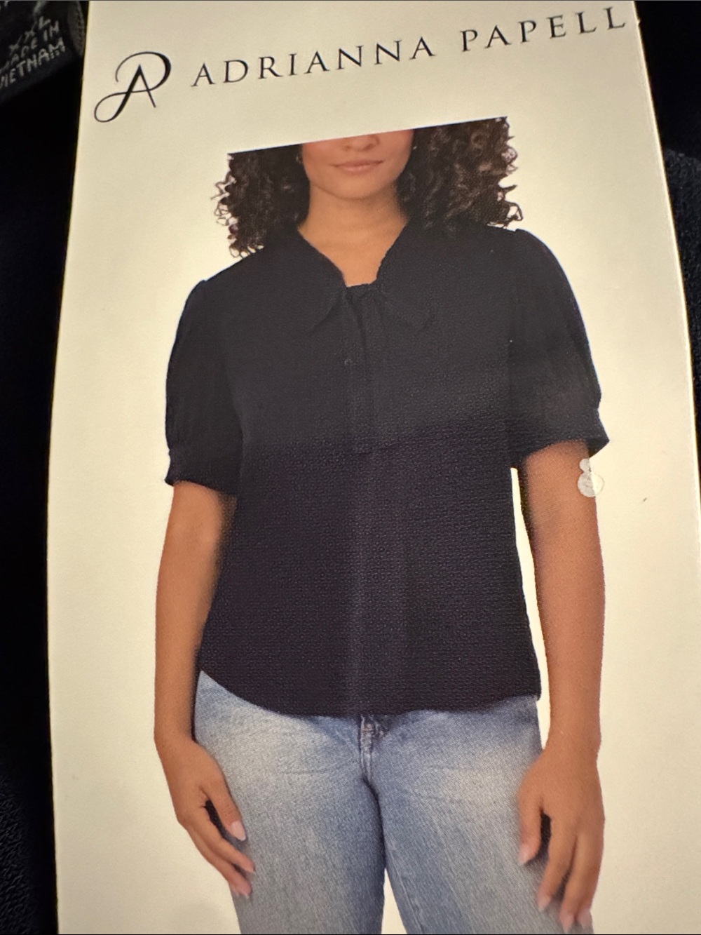 Adrianna Papell Black Short Sleeve Tie-Neck Blouse